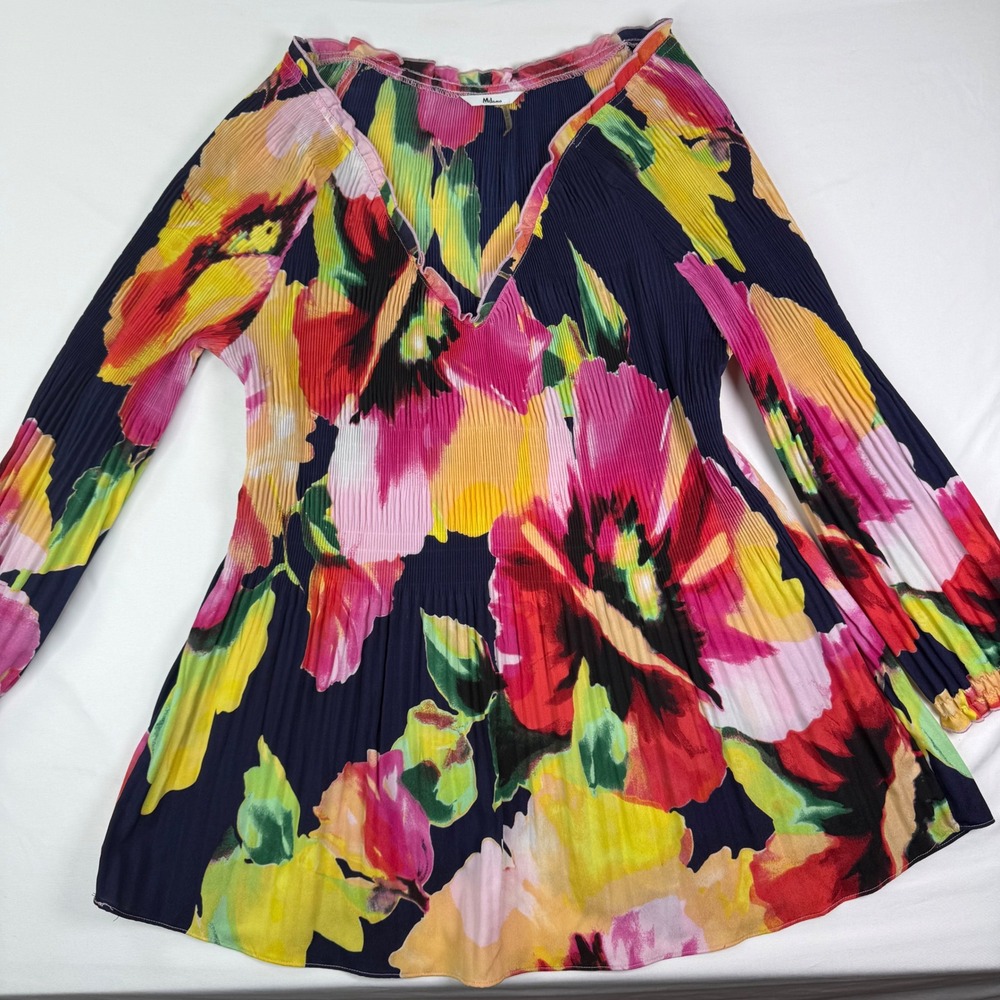 Milano Women Navy Blue Floral Pleated V-Neck Tunic Top Long Sleeve XL